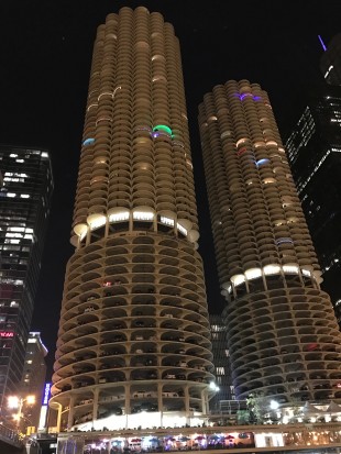 Marina City towers at night